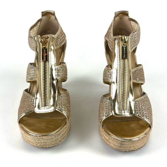 Michael Kors Damita Gold Glitter Metallic Caged Espadrille Platform Wedges - Picture 3 of 8